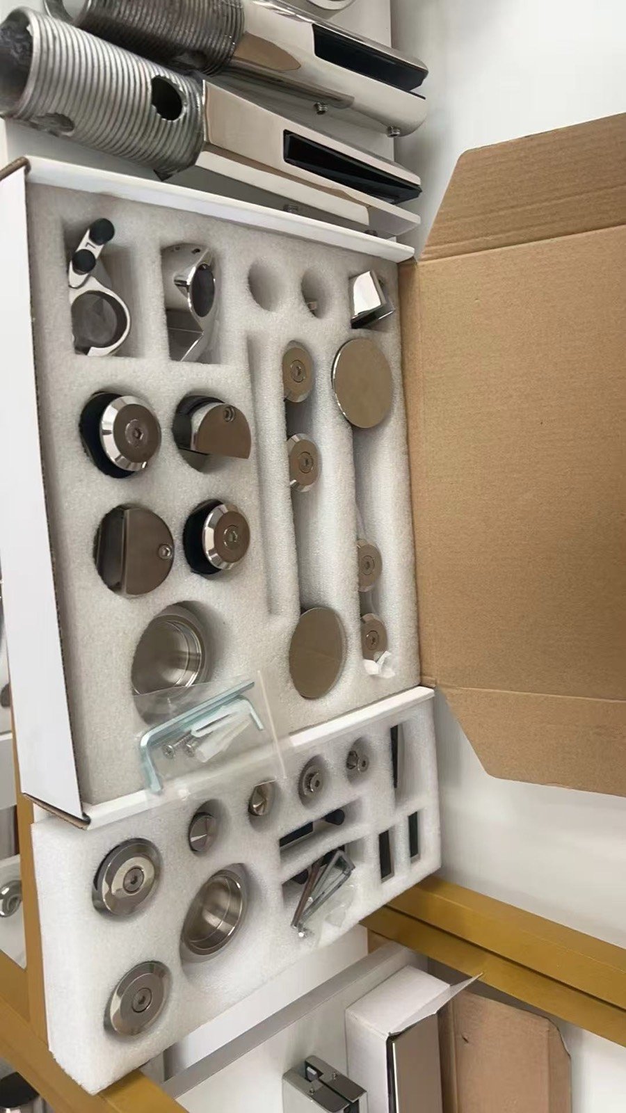 Custom glass hardware samples in presentation packaging